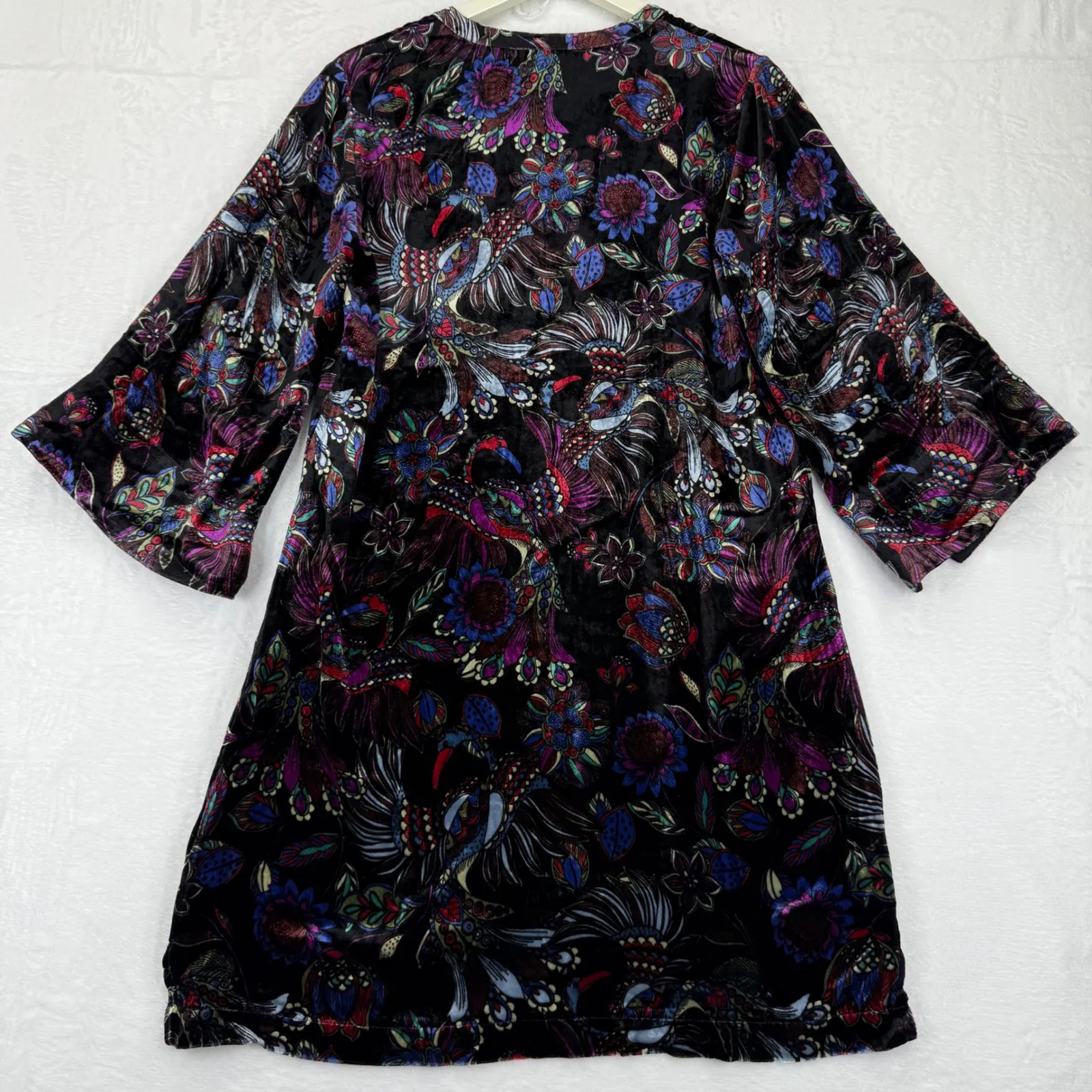 JOHNNY WAS WORKSHOP Black Floral Velvet Kimono‎ Dress Tie Front Size S - Image 8