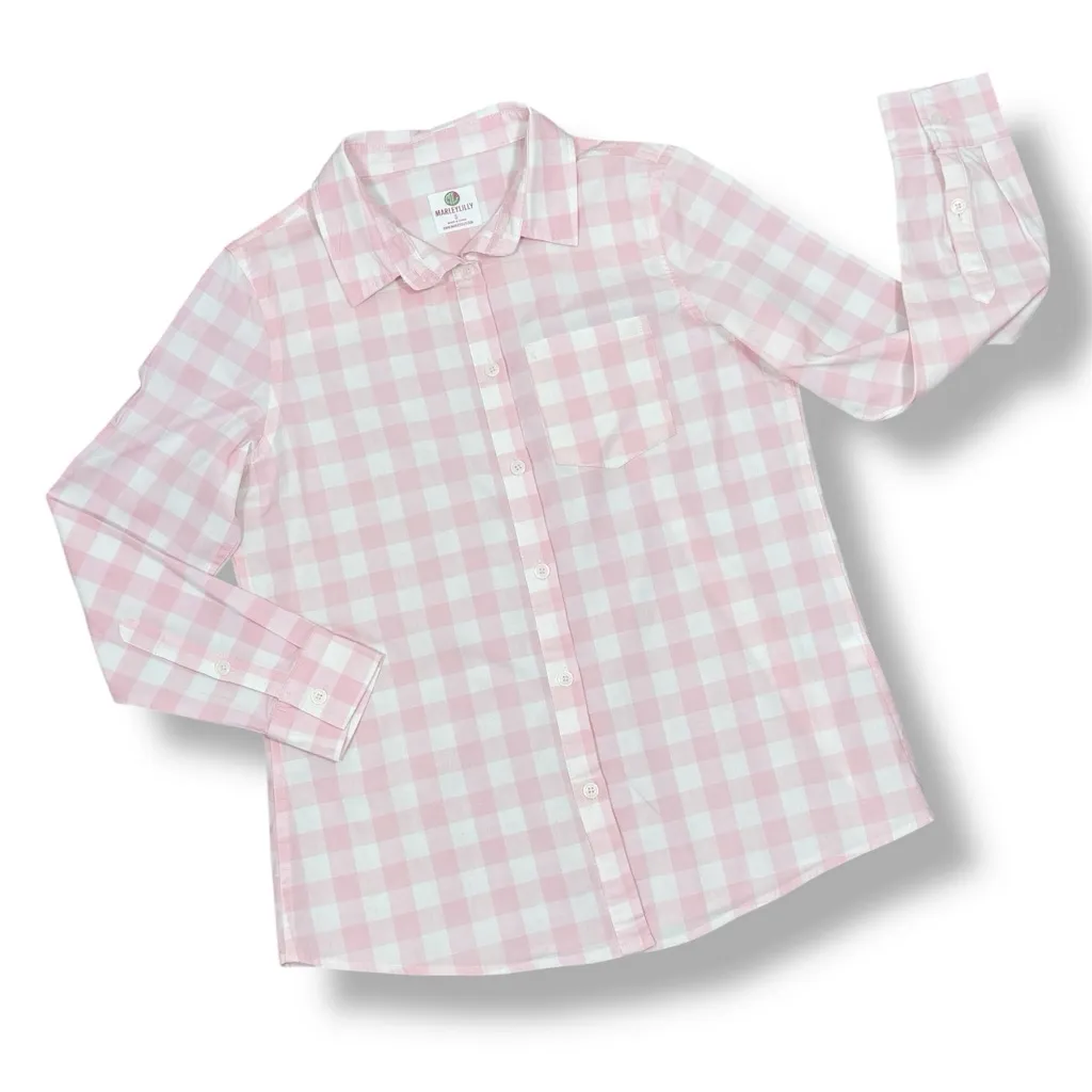 MarleyLilly Gingham Check Button Up Shirt Pink White Size Small - Image 12