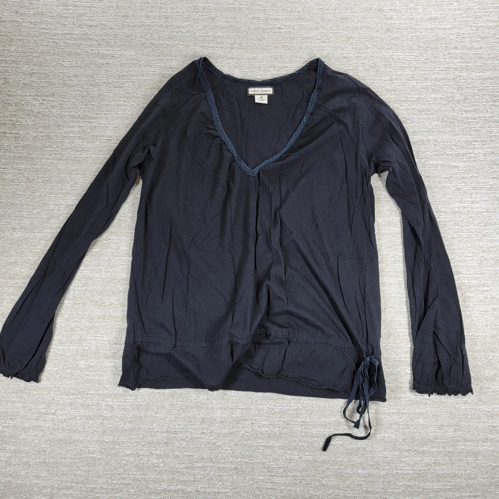 Polo Jeans Co Long Sleeve V Neck Tie Side Top Womens Medium Black Cotton Modal - Image 14