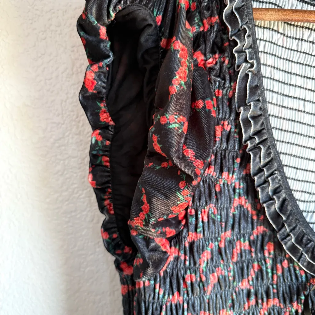 NWT Free People Womens Dress Black Red McKenna Smocked Floral Midi Size Large - Image 7