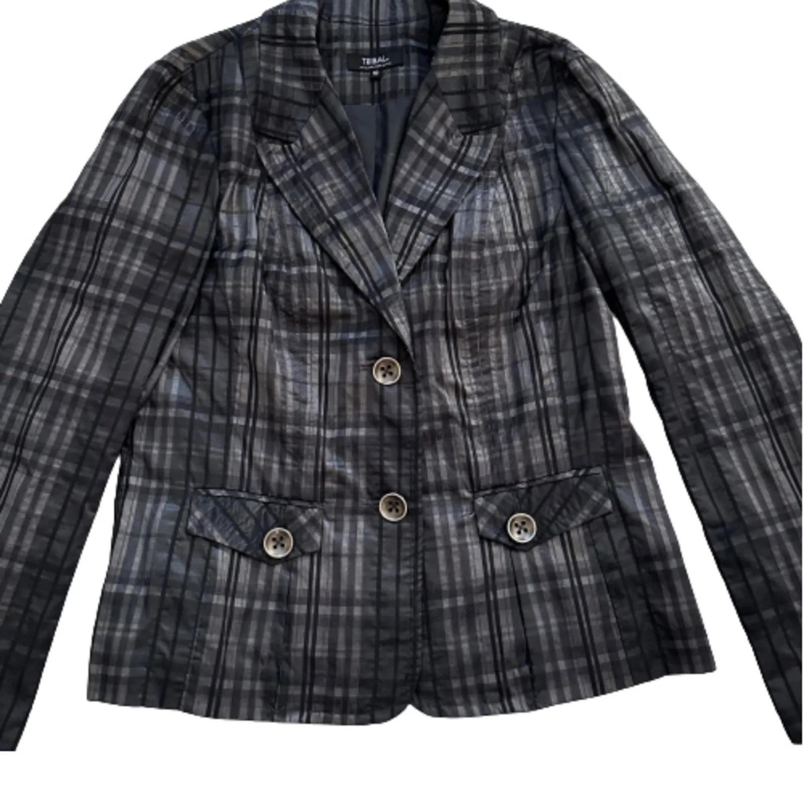 Tribal Blazer Jacket Black Gray Metallic Textured Button Front Pockets Size 10 - Image 8