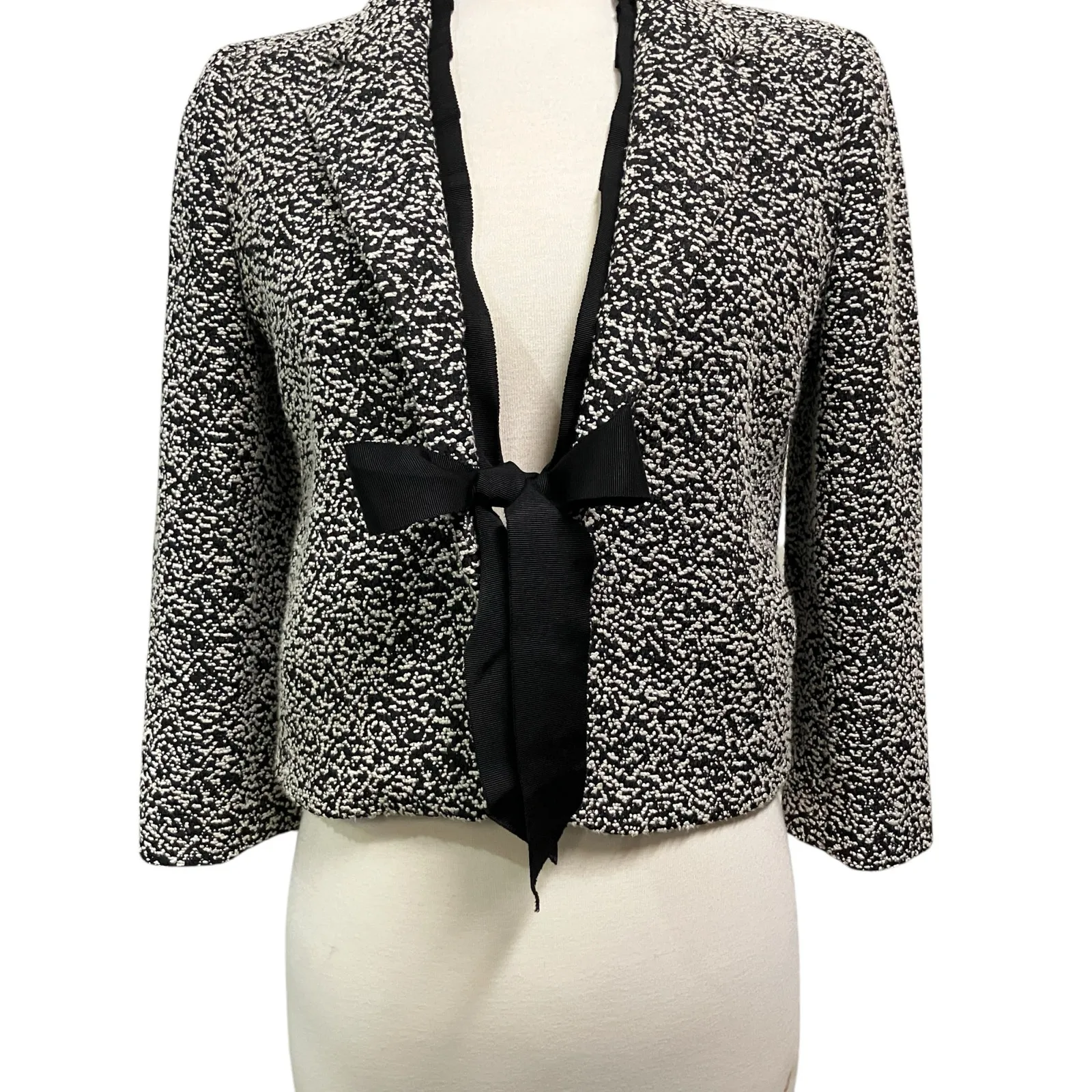 Ann Taylor Jacket Blazer Sz 4 Black Bow Closure Marled Short Office Careerwear - Image 3