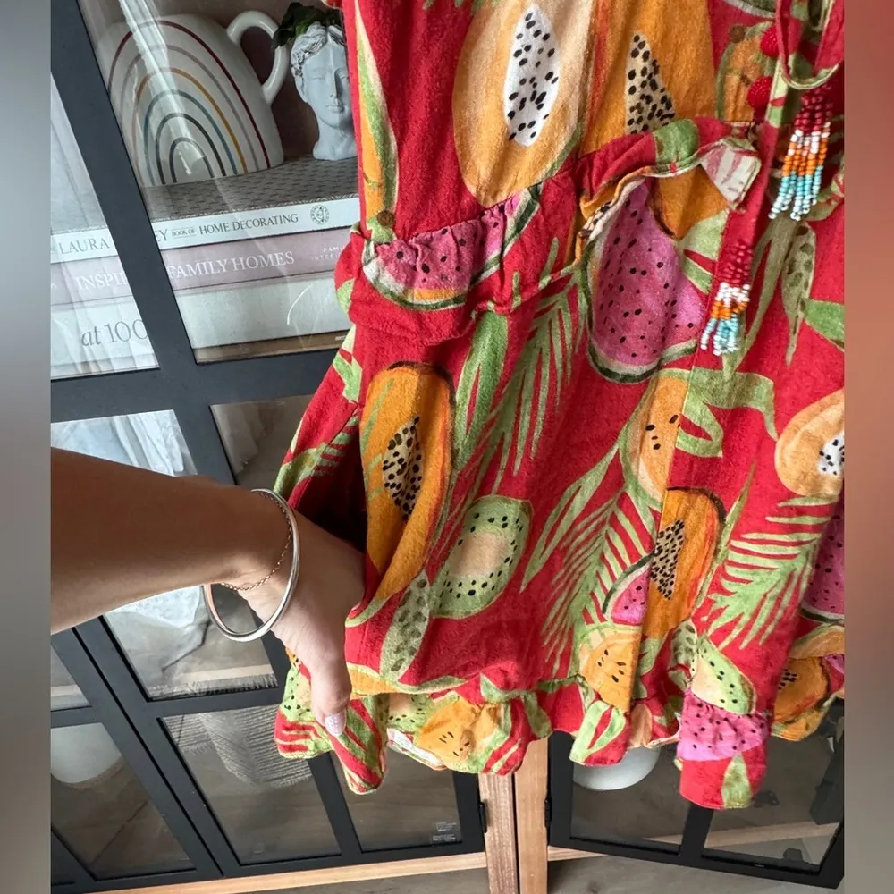 FARM RIO linen romper papaya fruits watermelon colorful beaded ruffle playsuit Red Size L - Image 6