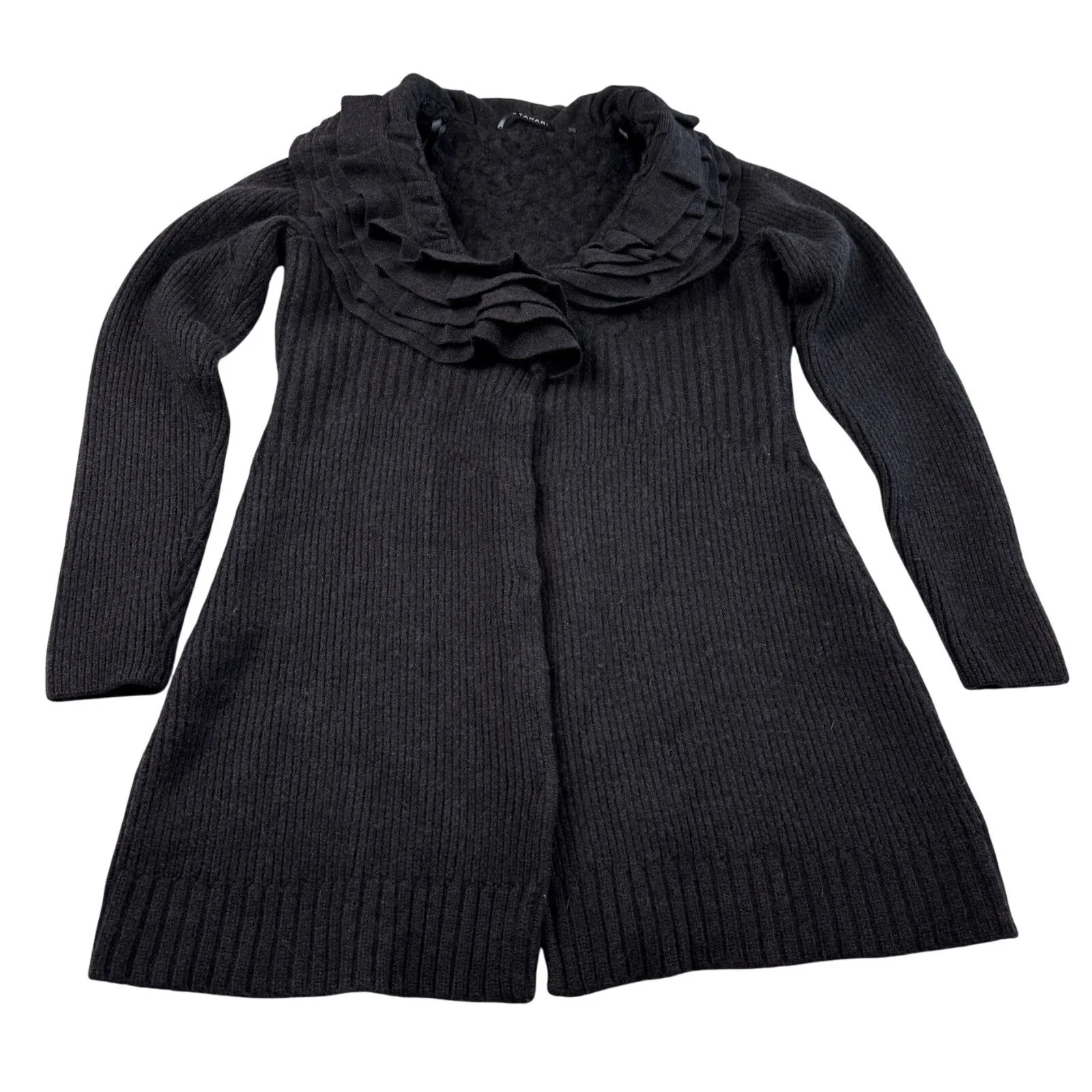 Tahari Long Cardigan Sweater Jacket 100% Merino Wool Size Small Gray Ruffle Snap - Image 5