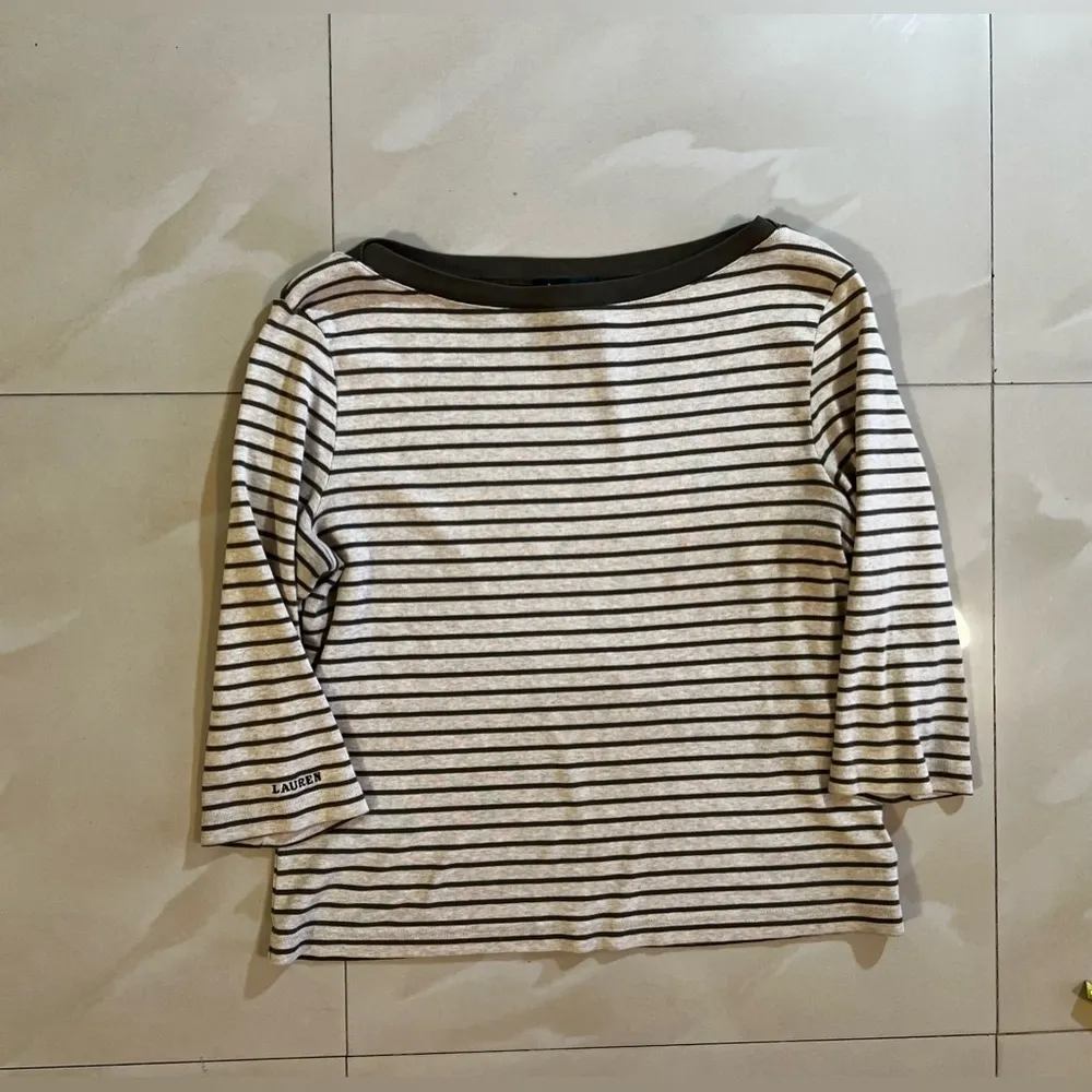 LAUREN RALPH LAUREN SWEATER TOP 3/4 SLEEVE‎ BEIGE WITH STRIPES OLIVE GREEN L - Image 14