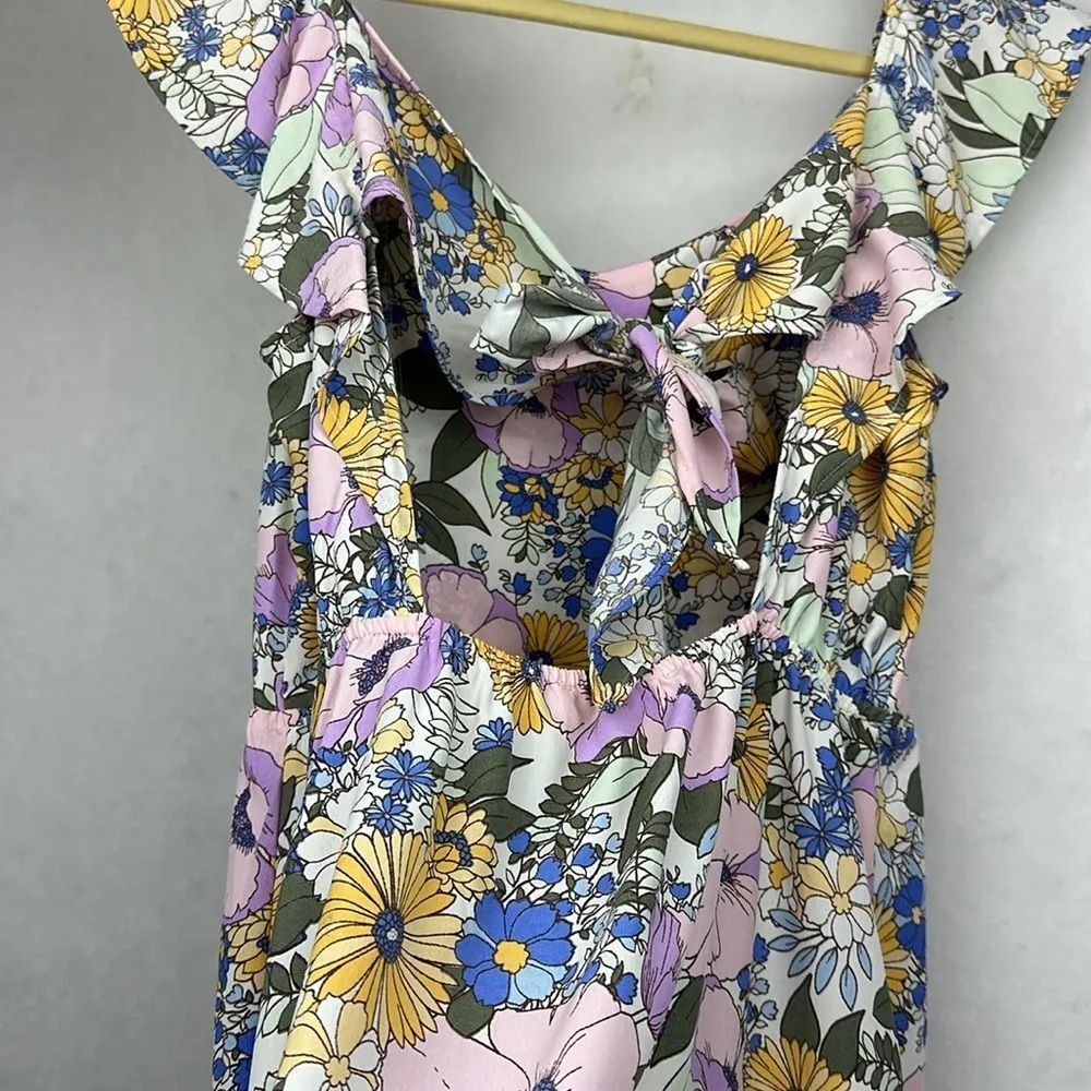 Purple Boho Floral Print Ruffled Square Neck Dress Sz M Tie Back - Image 7