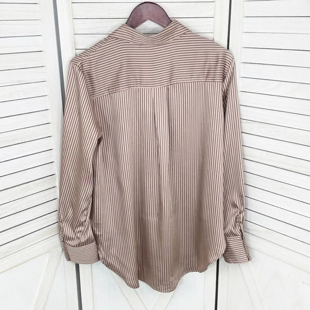 The Workshop Satin Pinstripe Oversized Button Up Shirt Mocha Medium Boyfriend Tan - Image 11