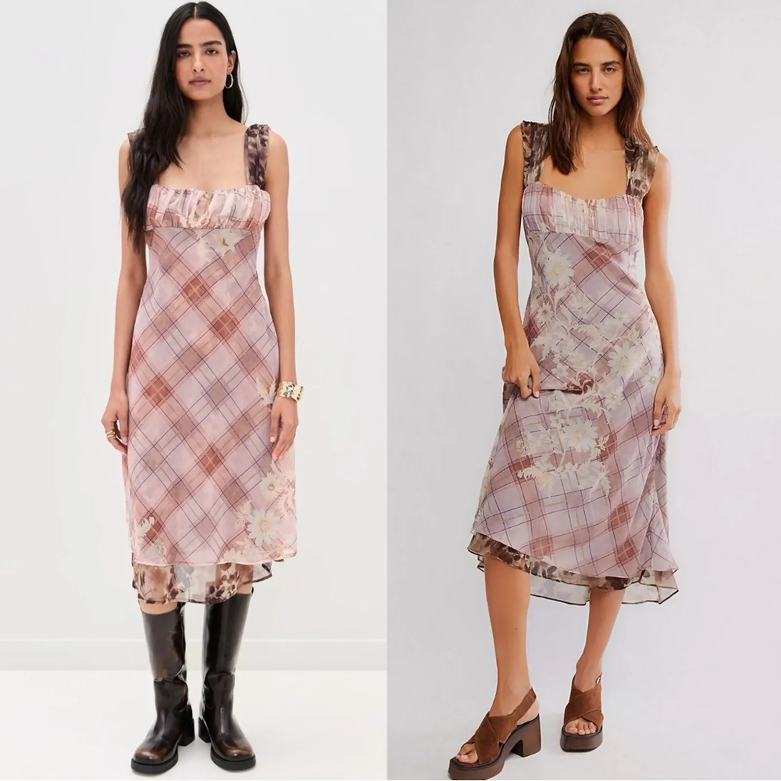 Free People Femme Grunge 90s Y2K Morning Dew Plaid Floral Midi Slip Dress XL - Image 2