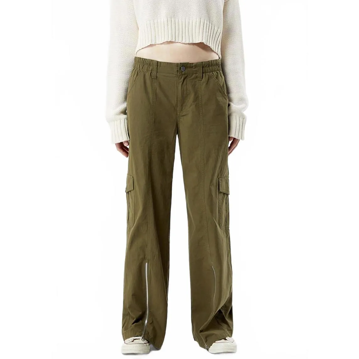 Pacsun Olive Zip Low Rise Cargo Puddle Pants NWT Green Size Small - Image 4