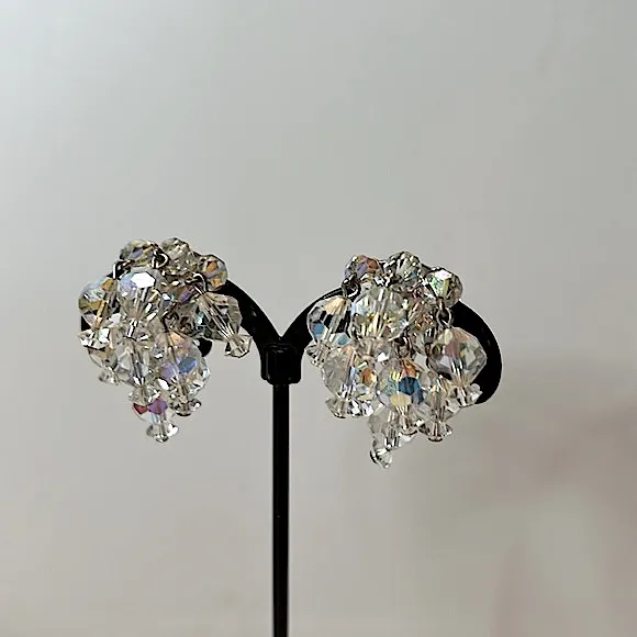 Vintage Laguna clip on earrings faceted clear aurora borealis cascading crystals - Image 8