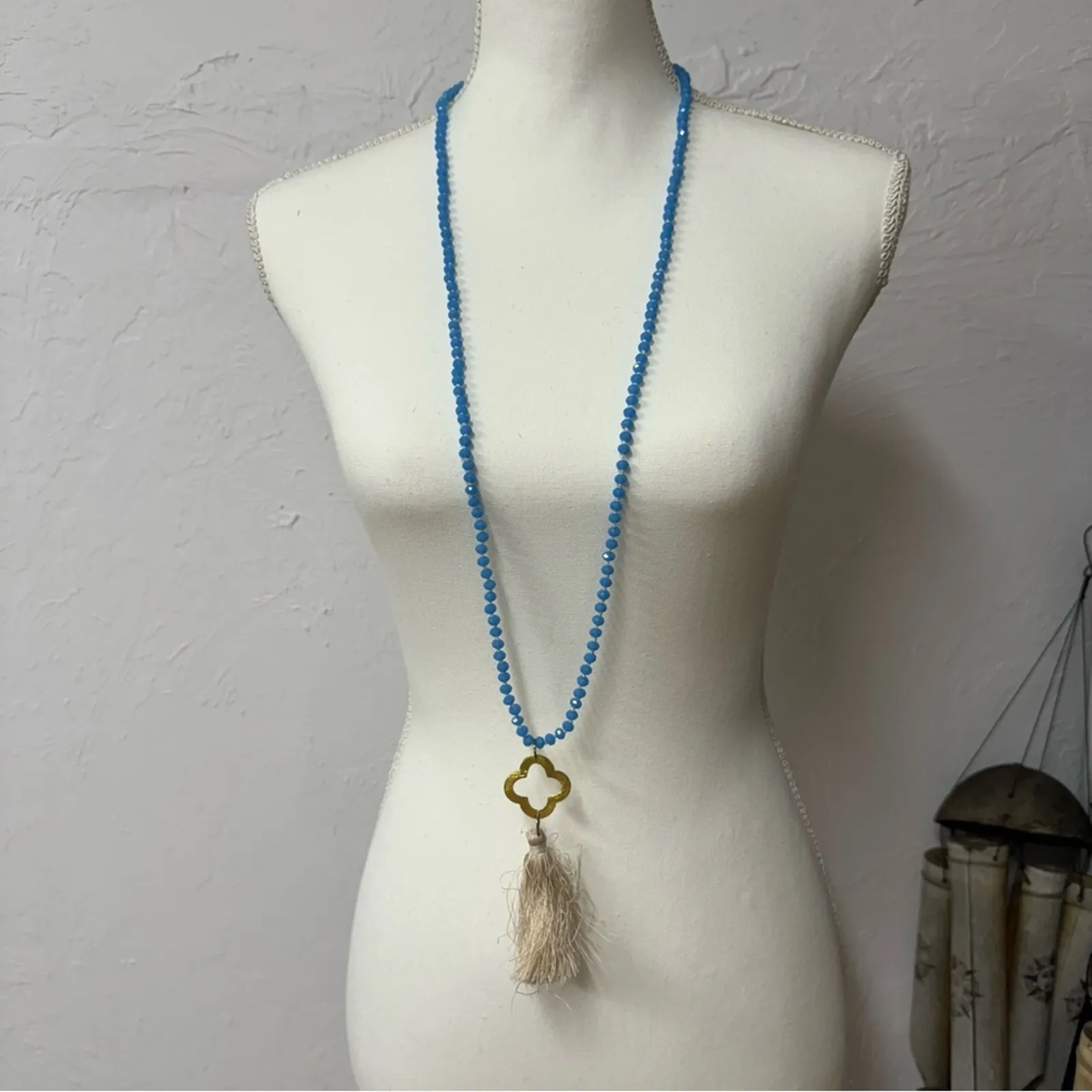 Teal Blue Fauceted Bead Necklace Extra Long Gold Clover Fringe Charm - Image 3