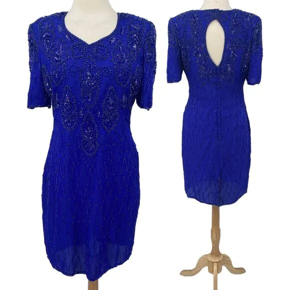 Vintage Beaded Silk Mini Dress Keyhole Back V Neck Shoulder Pads Blue Womens L Size L - Image 2