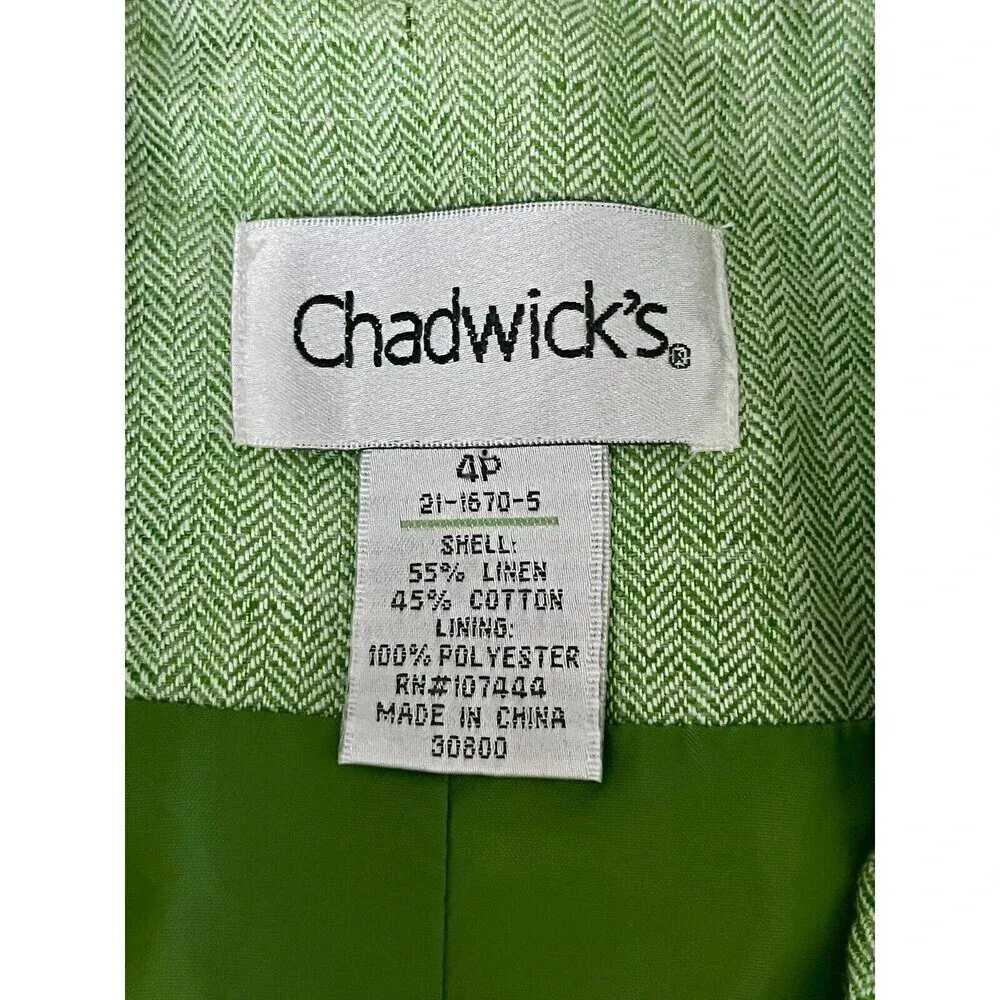 Chadwick’s Women’s Green Linen Blend Herringbone Blazer Jacket | Size 4P | - Image 8