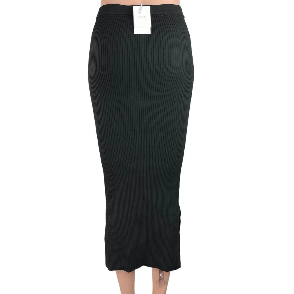 NEW Cami NYC Leah Black Knit Ribbed Bodycon Stretch Slit Calf Length Midi Skirt - Image 6