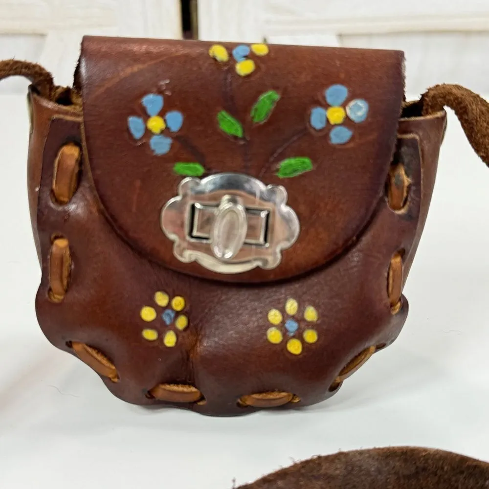 Vintage Mexican Hand Painted Tooled Leather Mini Bag Purse Brown - Image 4