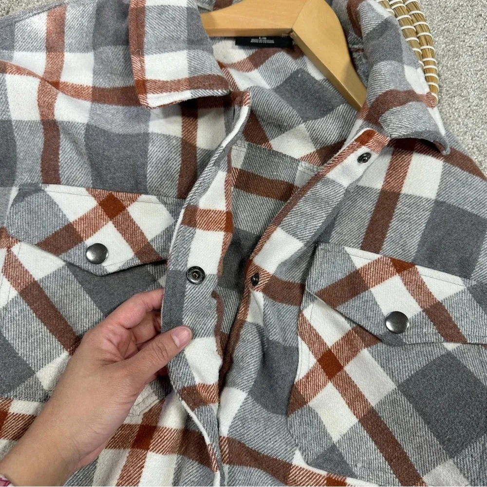 HFX Wool Blend Flannel Plaid Shacket Jacket Western Relaxed Fit Gray/Brown L Gray Size L - Image 10