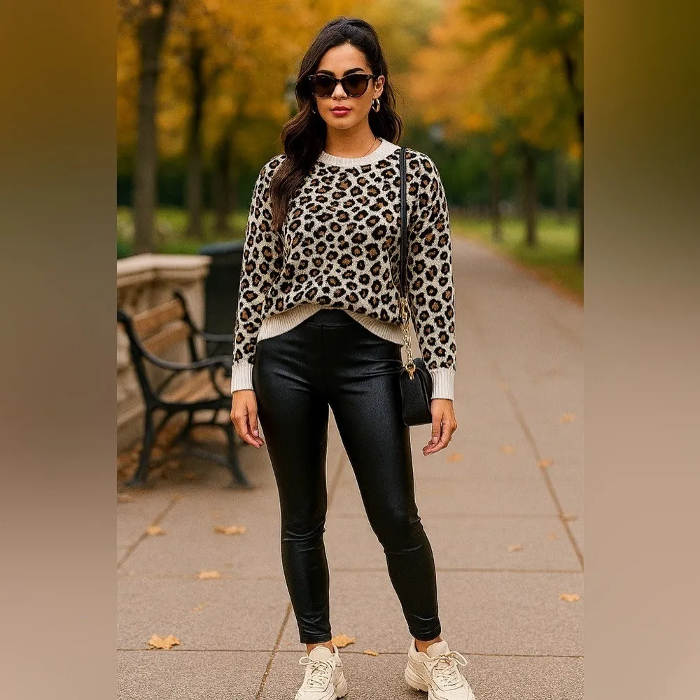 Tahari Leopard Print Crew Neck Sweater Women Cream Brown Black Knit Pullover XS - Image 2