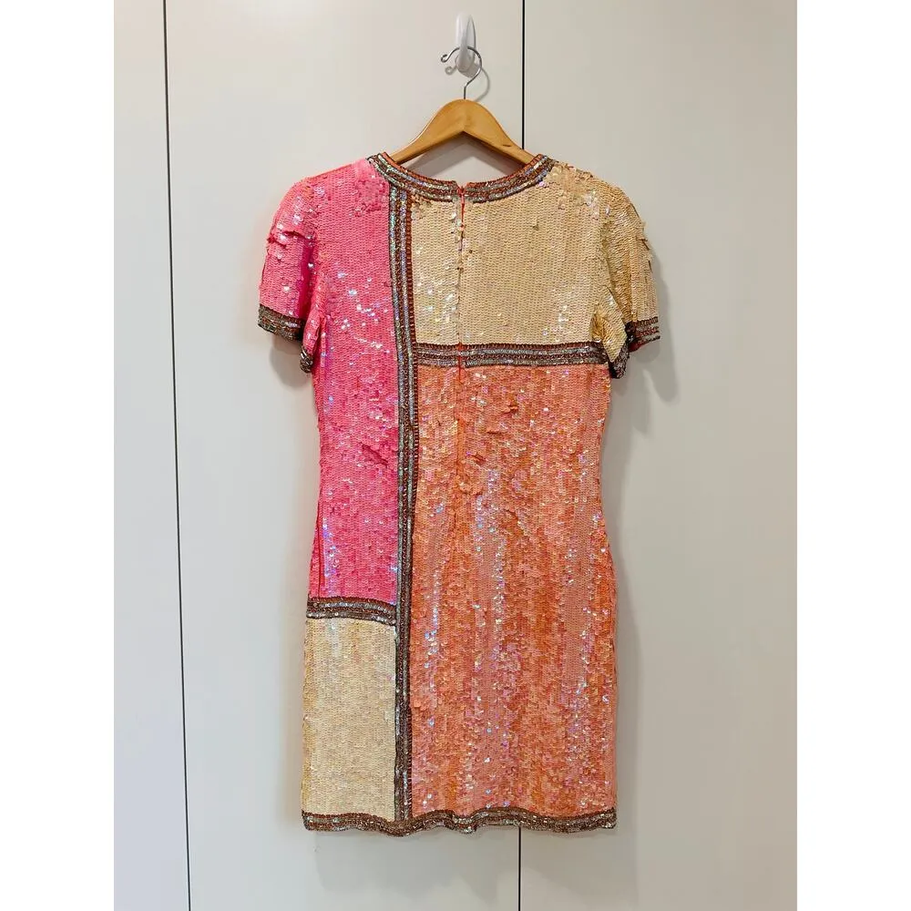 Vintage 80s Silk Sequin Pink Cocktail Dress Medium Fit Knee Length Sparkle Shine Size 6 - Image 4