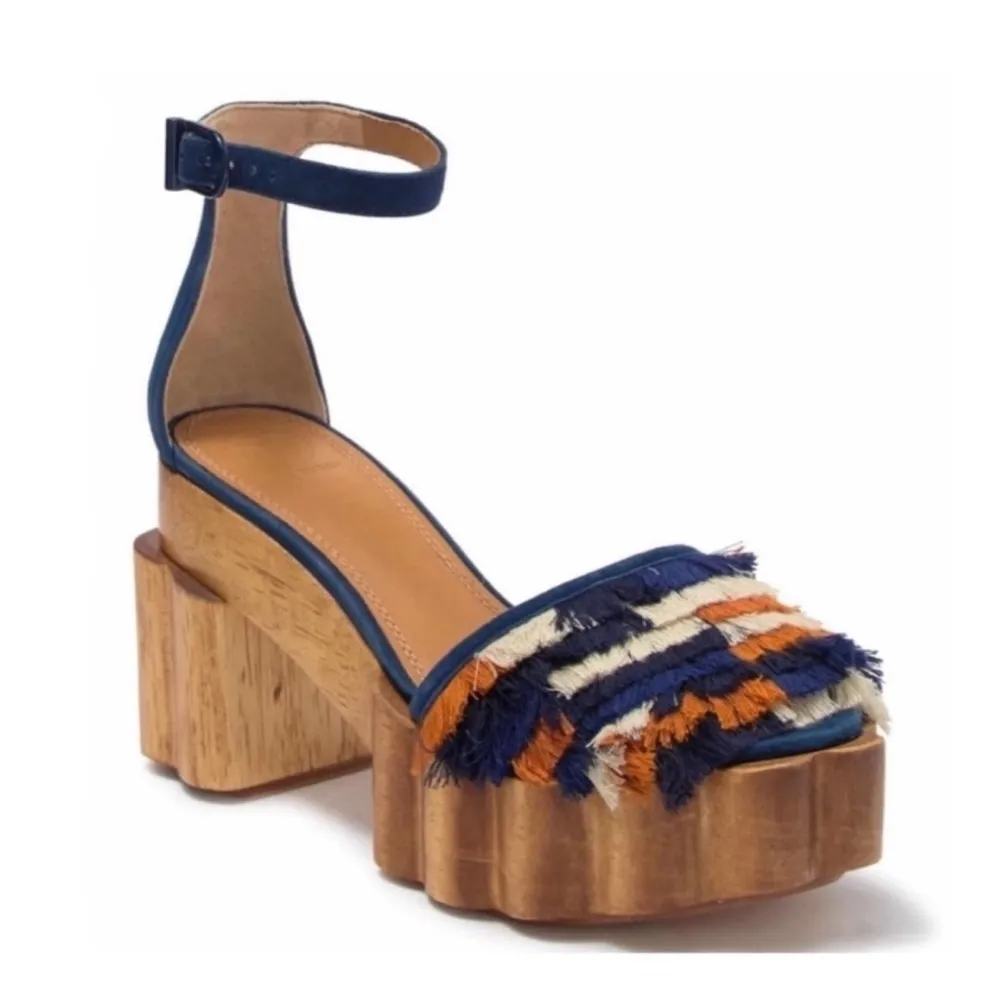 Tory Burch Alma Platform Sandals Heels Size 7 Fringe Suede Wooden Block Heel - Image 3