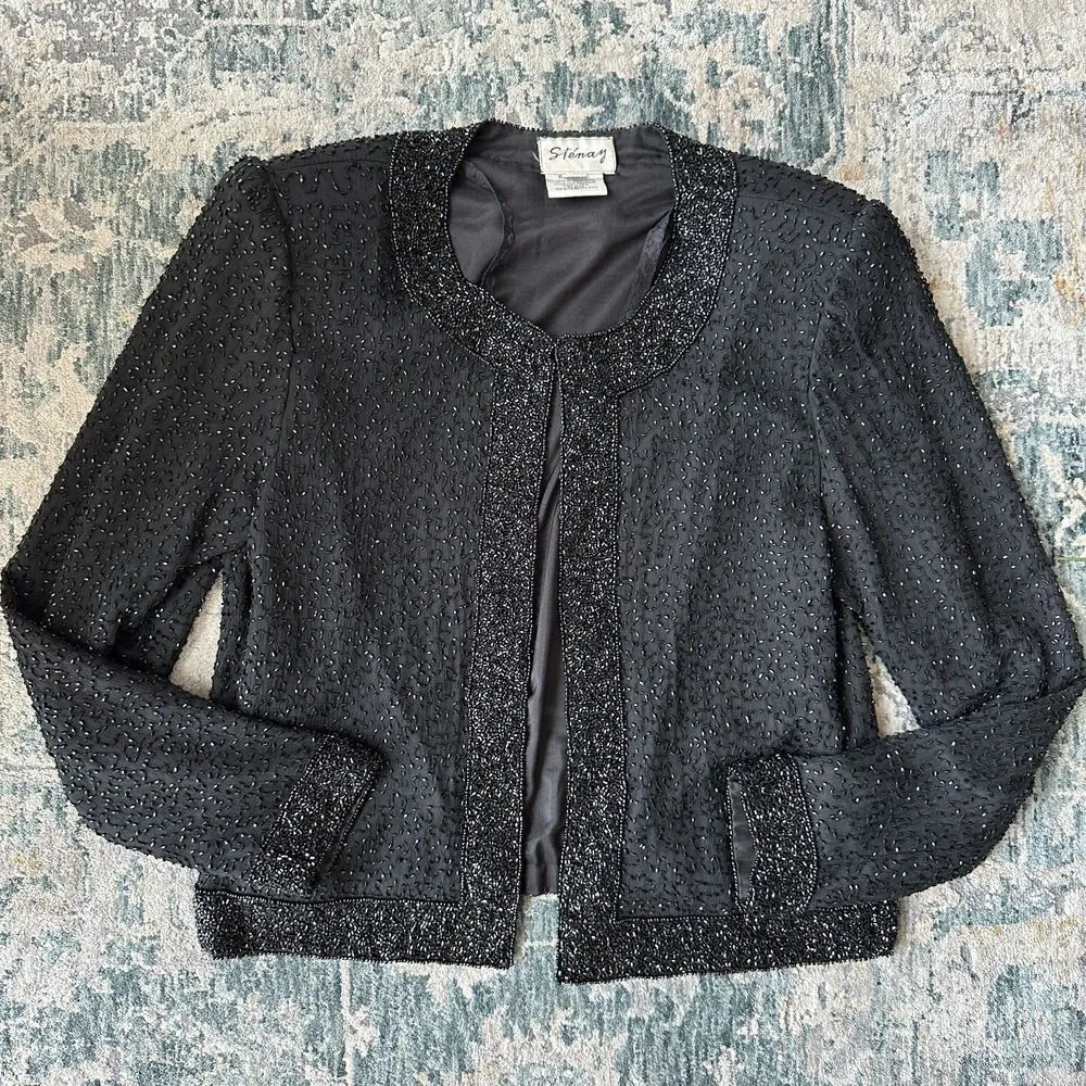 Vintage‎ Silk Beaded Jacket Womens Small Sequin Evening Formal Cocktail STENAY Black - Image 11