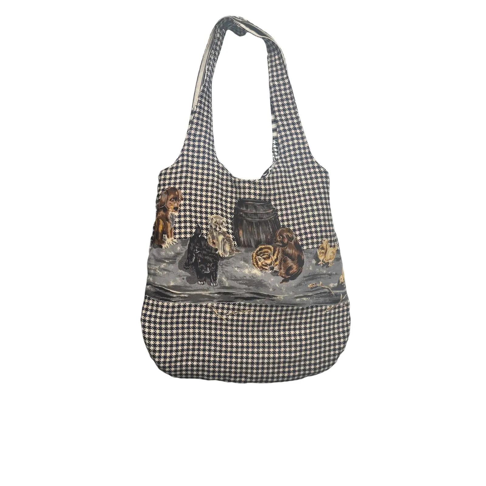 Patchwork Shoulder Bag Dog Puppy Chick Print Houndstooth Floral Black White Rev - Image 2