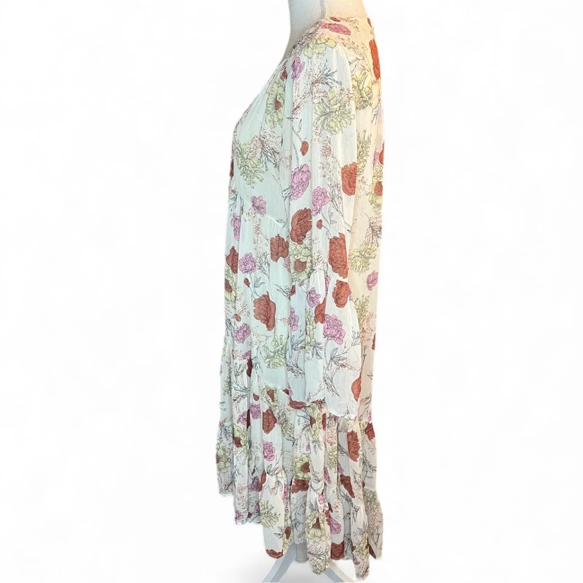 Lulus belina beige floral midi dress boho flowy feminine bell sleeve cocktail - Image 6