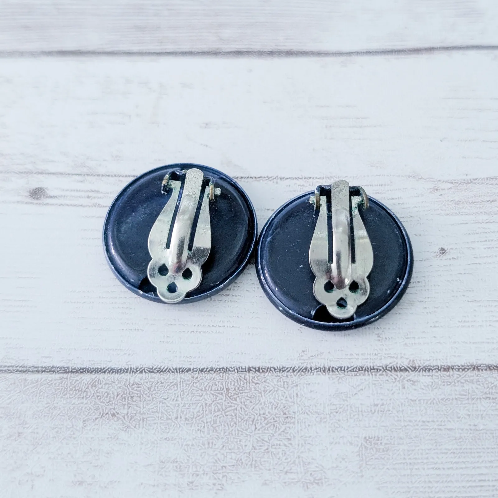 Vintage Clip On Earrings Navy Blue Retro Circle 1" - Image 5