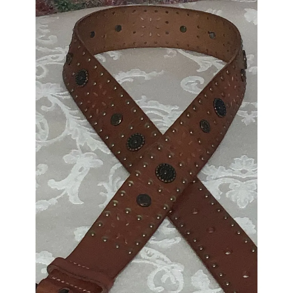 Fossil Leather Western Boho Brown Belt Antique Gold Studs Detail Small - Image 2