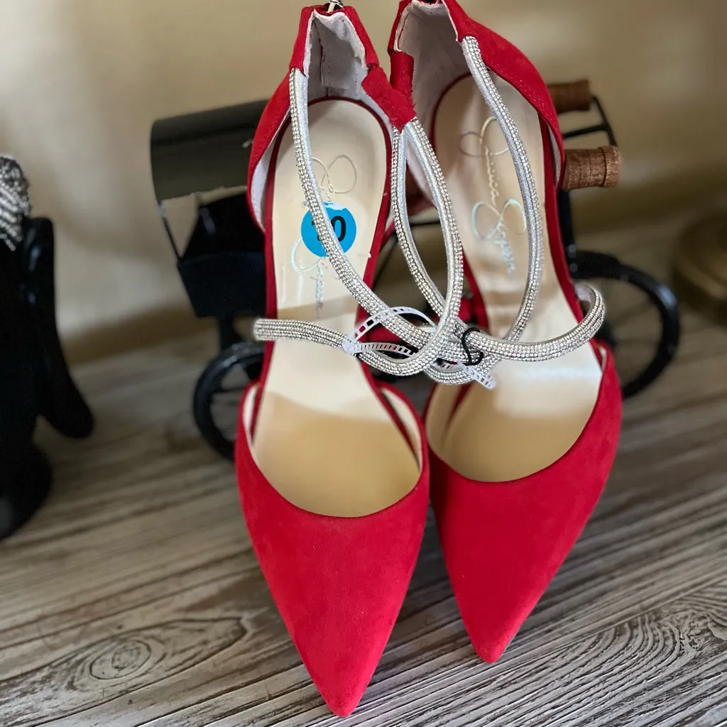 NEW JESSICA SIMPSON Rhinestone Glitter Pointed Toe Pump Festive Holiday Red 10 - Image 8