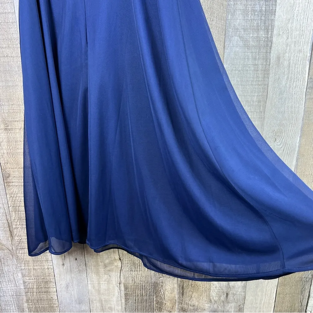 David’s Bridal Size 6 V-Neck Navy Blue Surplice Peplum Chiffon Dress - Image 6
