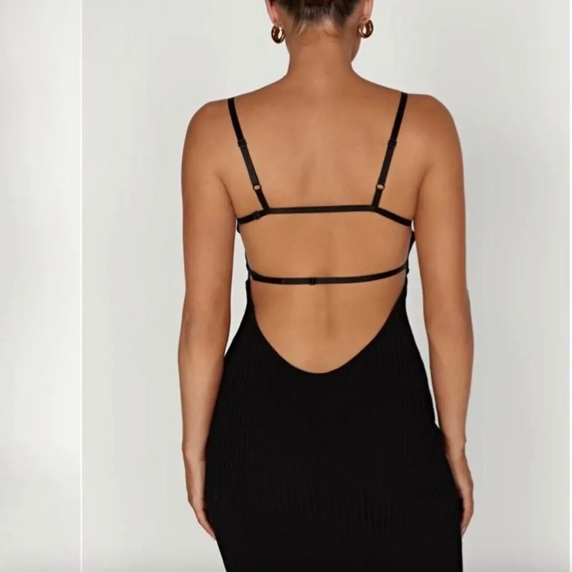 MESHKI Avalon Black Ribbed Spaghetti Strap Midi Dress Open Back Size S - Image 2