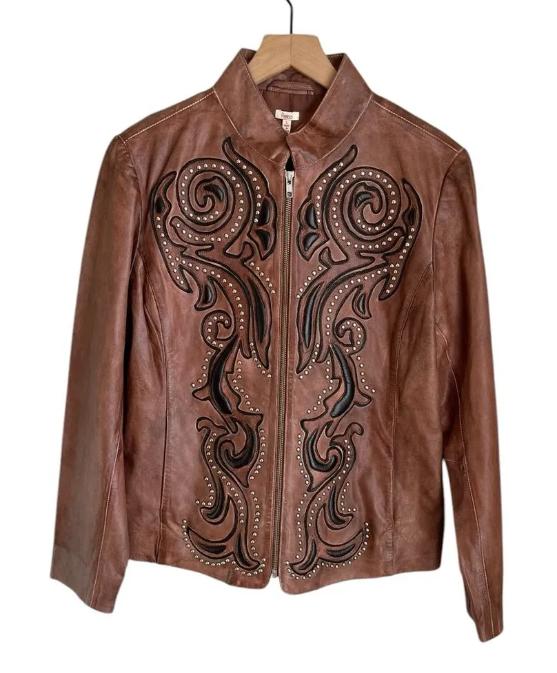 Reba Sierra Sunrise Sheep Leather Studded Zip Up Leather Distressed Jacket Large - Image 1