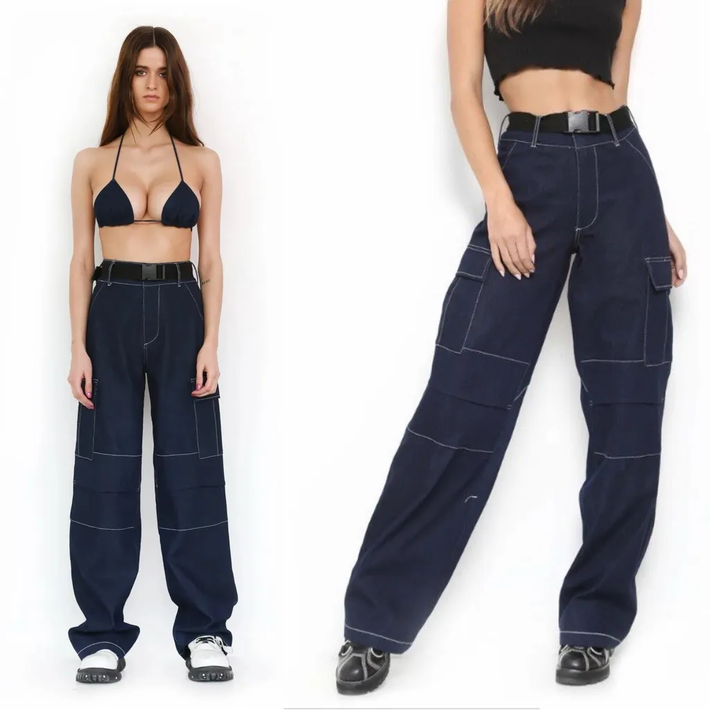 I.AM.GIA Women’s Ace Denim Cargo Pants Jeans High Rise Wide Leg in Dark Wash XS Blue - Image 2