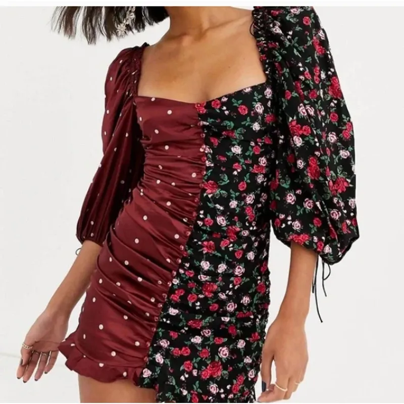 For Love & Lemons Cher Ruched Mini Dress Bodycon Mixed Print Puff Sleeve XS - Image 12