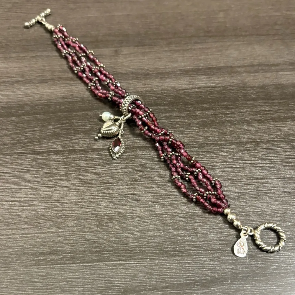 Doug Paulus 925 Sterling Silver Four Strand Garnet Bead Dangling Pearl Bracelet Red - Image 5