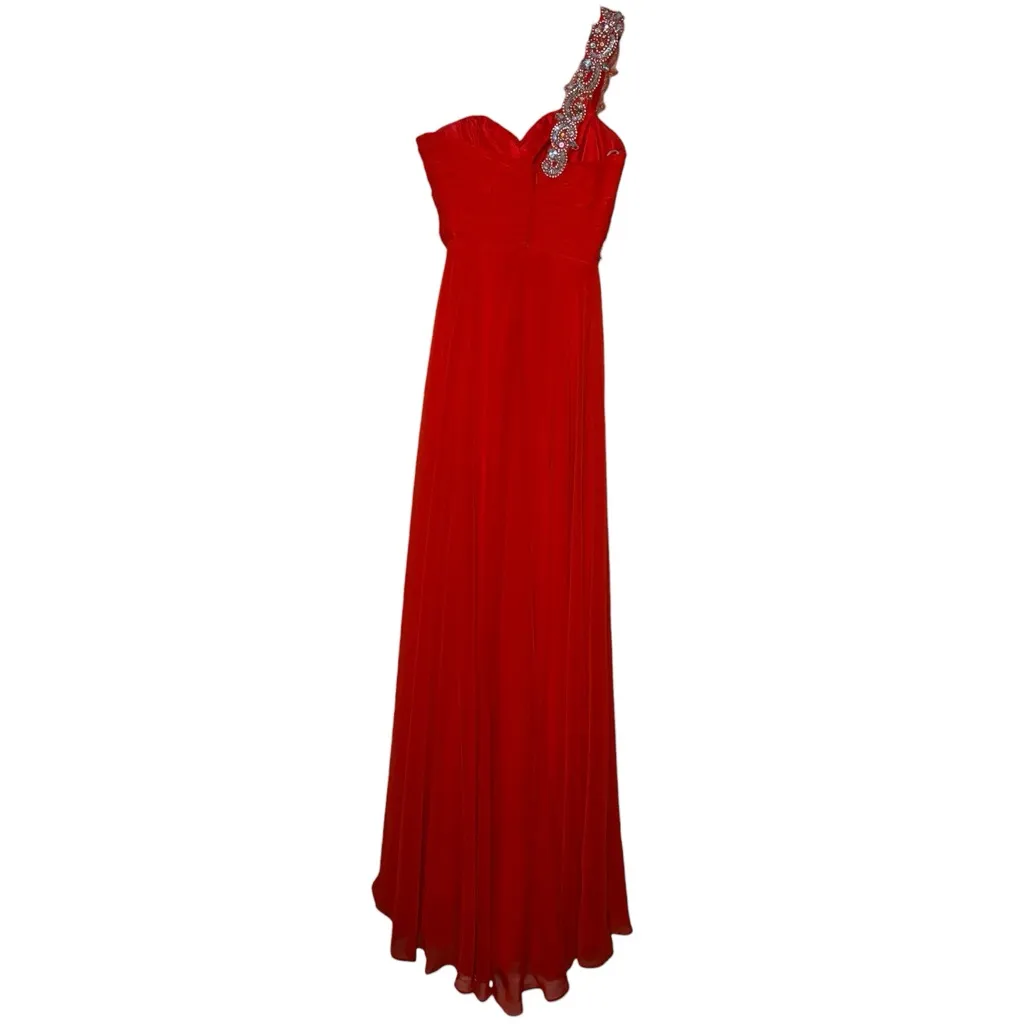 Riva Designs Beaded One Shoulder Formal‎ Red Dress Floor Length Evening Gown Size 0 - Image 3