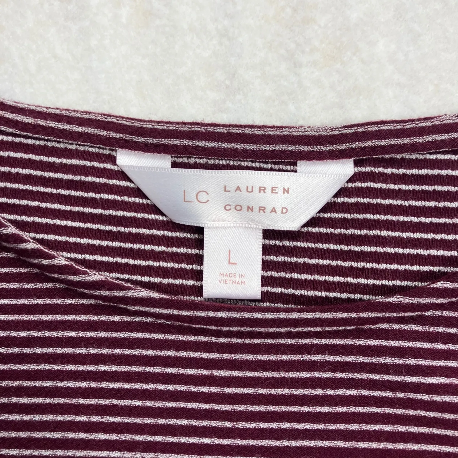 Lauren‎ Conrad Striped Bell Sleeve Ruffle Hem T-Shirt Dress Burgundy White L New - Image 2