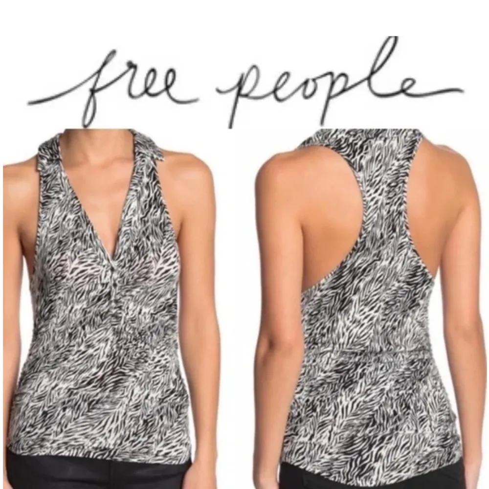 NWT FREE PEOPLE TANK. ZEBRA PRINT BUTTONED & COLLARED TOP. RACERBACK. ROUCHED M - Image 3