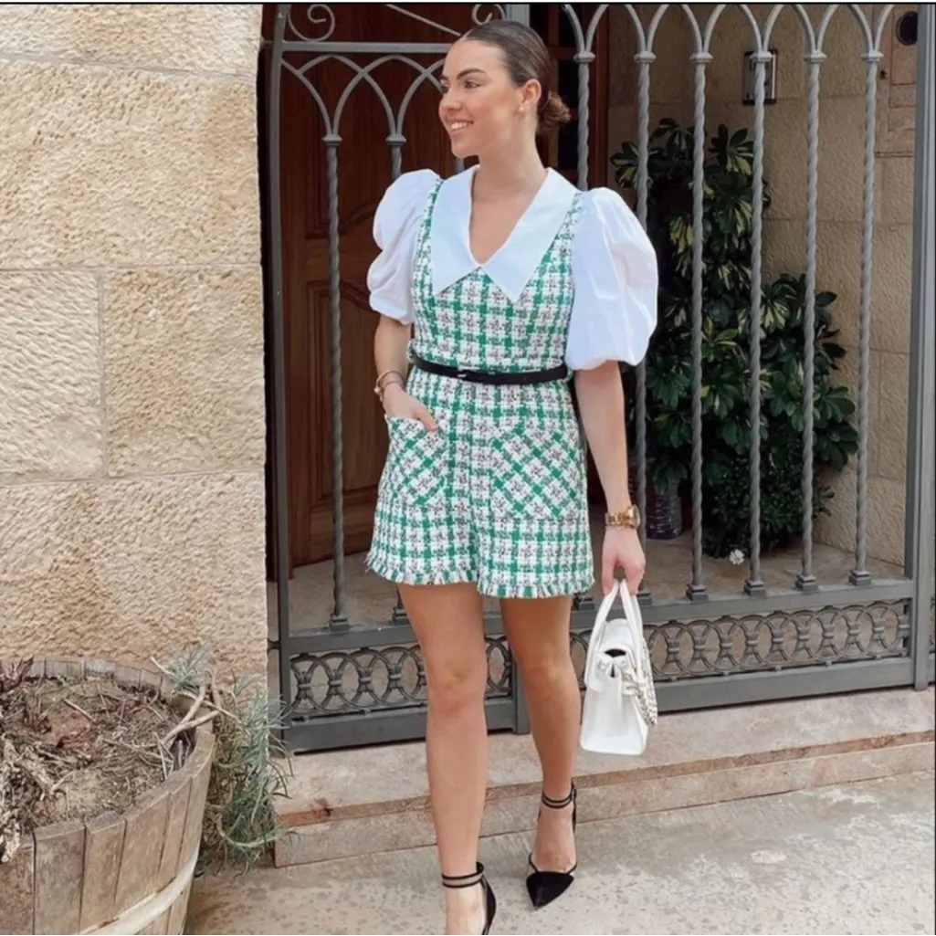 Zara blogger romper jumpsuits textured weave Green White Fabric pockets size S - Image 2