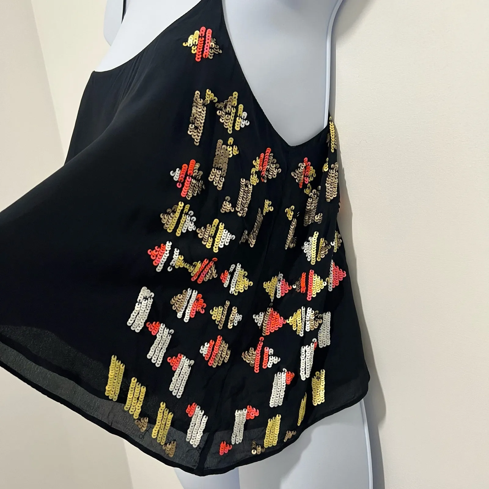 Chelsea Flower Tank Top Black Multicolor Sequins Flowy XS Cruise Wear Boho Y2K - Image 6