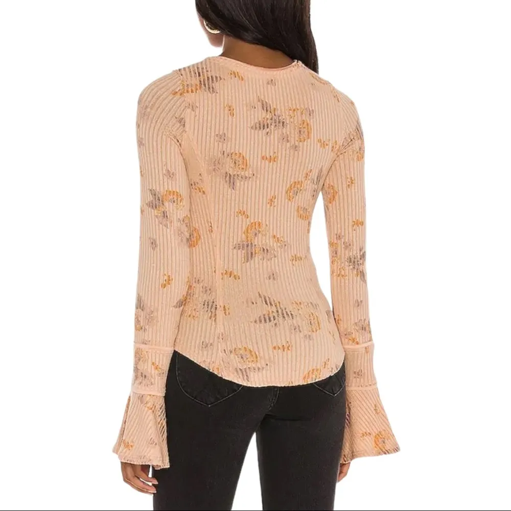 Free People Layer Me Henley Button Bell Sleeve Ribbed Peach Medium - Image 8