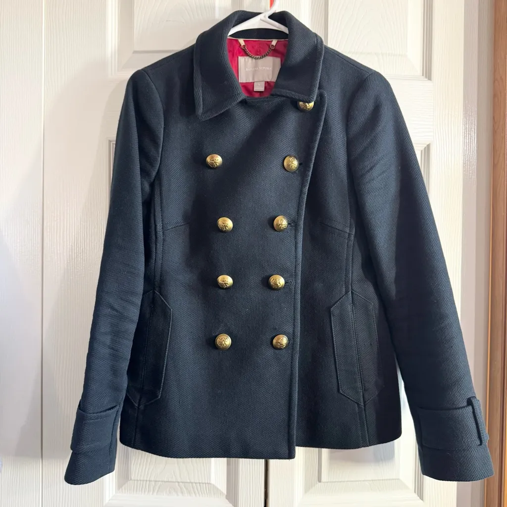 BANANA REPUBLIC WOMEN'S MINI PEACOAT NAVY WITH GOLD BUTTONS Small - Image 2
