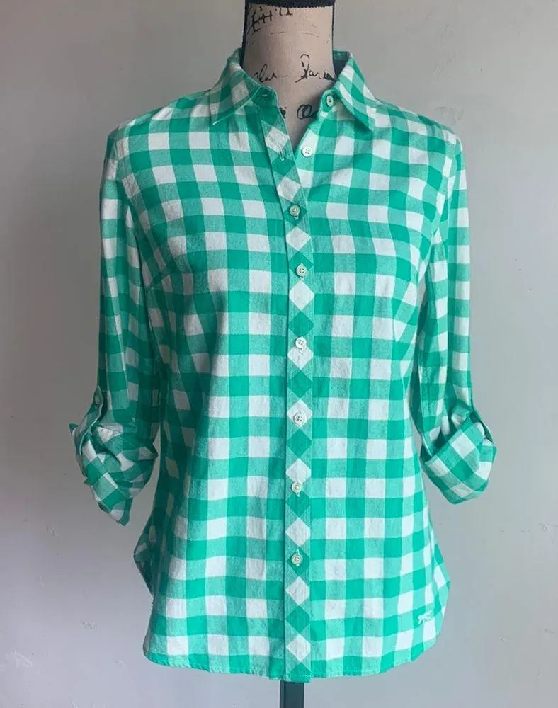 Talbots Checkered Plaid Green White Metallic Button Down Top Sz XS NWT - Image 2