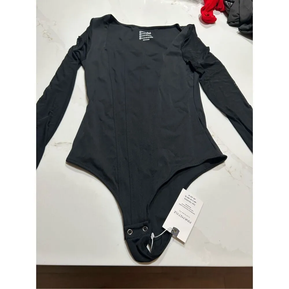 NEW Scoop Neck Long Sleeve Double Lined Stretchy Bodysuits XL Black - Image 4