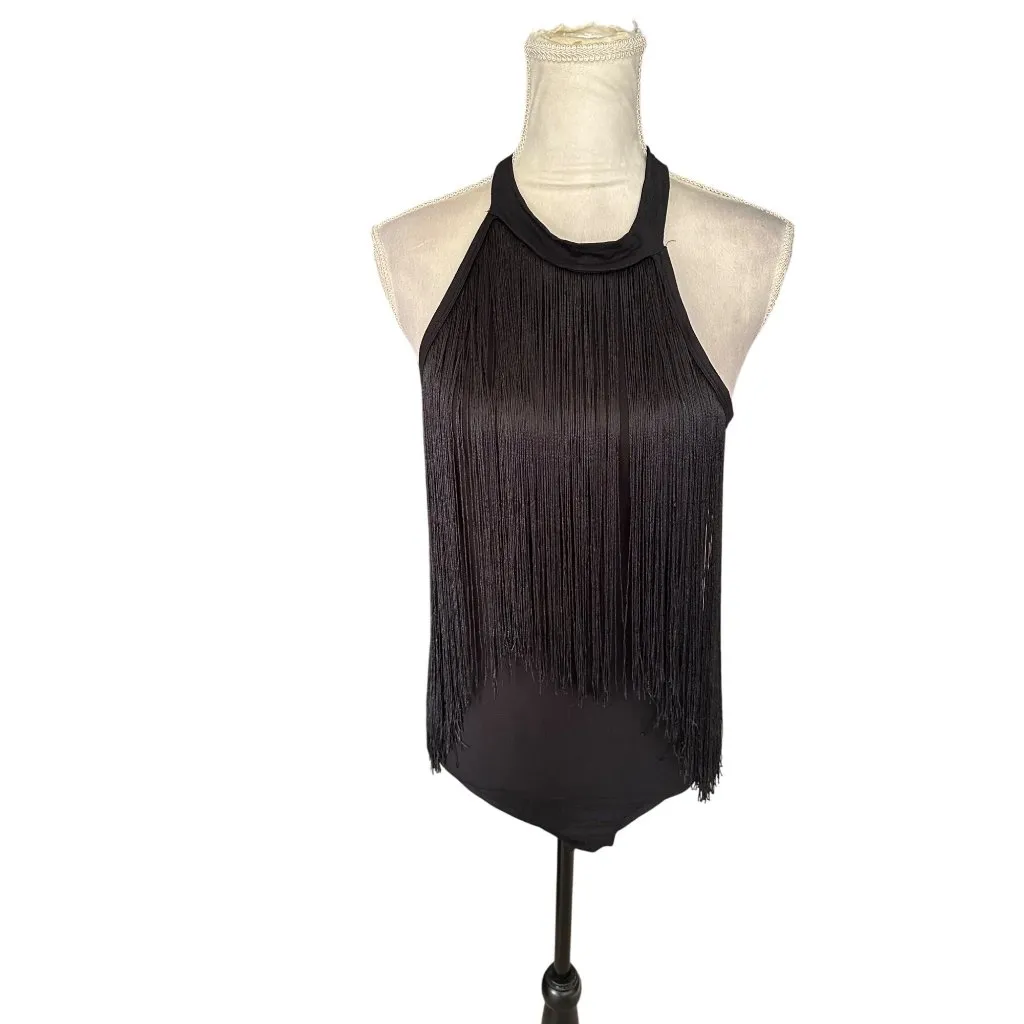 Women Sleeveless Halter Fringe Sexy Body Suit Goth Stretchy Sexy Western NWT L Black Size L - Image 6