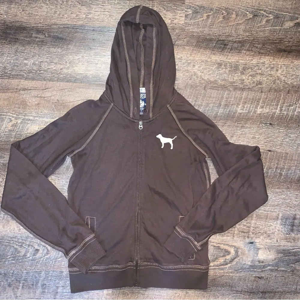 Victoria’s Secret PINK Hoodie Brown Rainbow Peace Sign Size Medium - Image 2