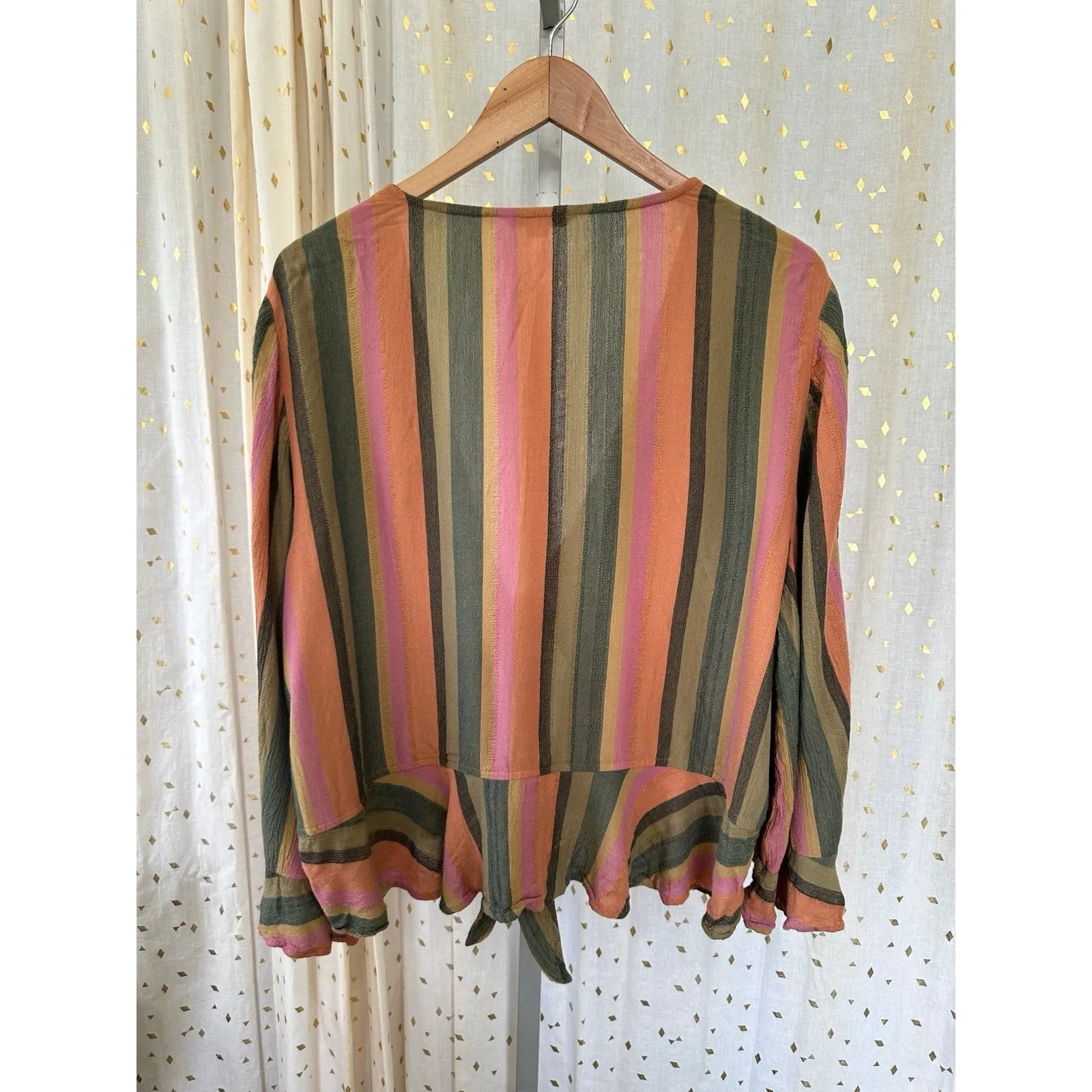 American Eagle Tie Front Fall Stripe Long Flutter Sleeves Blouse Top XXL - Image 3
