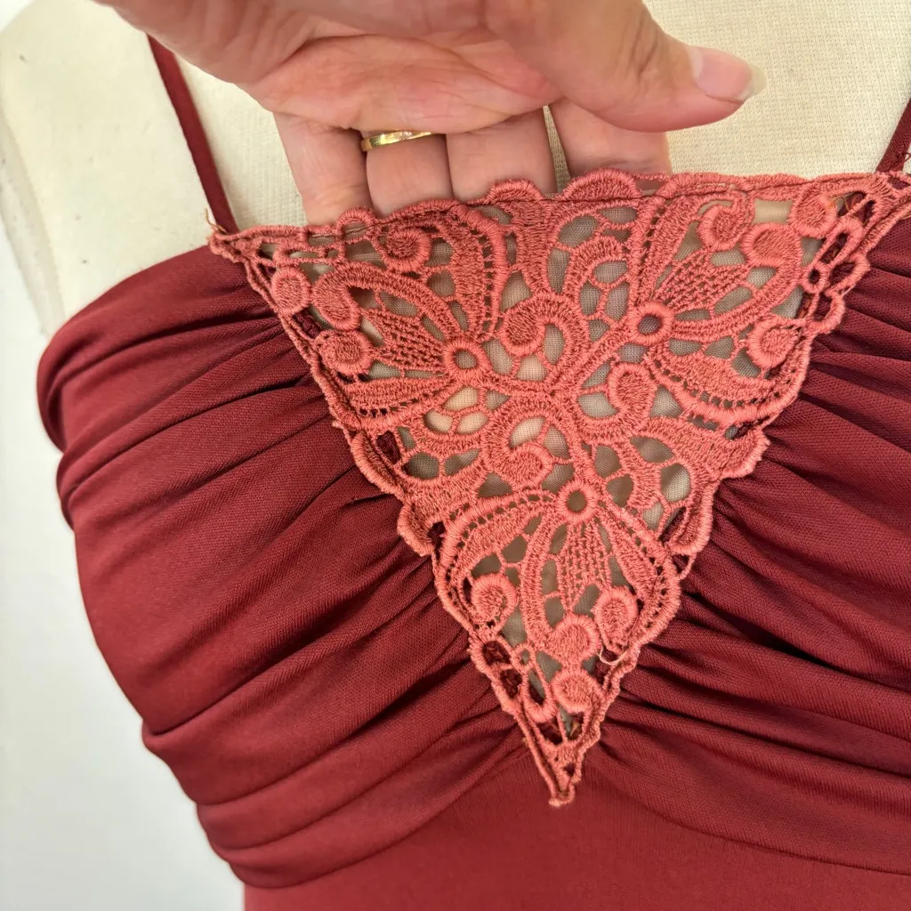 Vintage 70s Rusty Red Crochet Ruched Babydoll Full Length Prom Dress Size 14 - Image 8