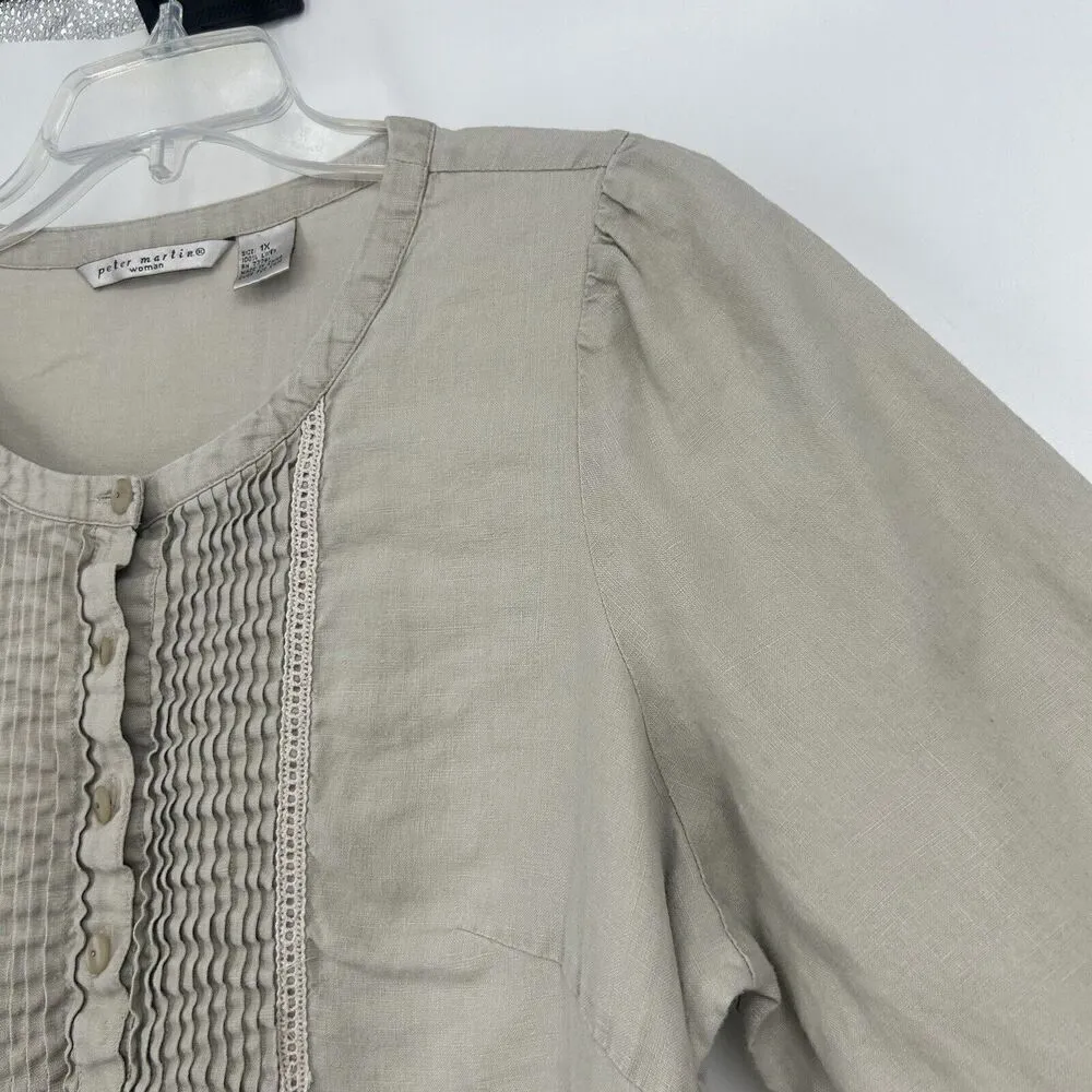 Peter Martin Beige Linen Top Lagenlook Pintuck Pleat Cottagecore Prairie… Size 1X - Image 3