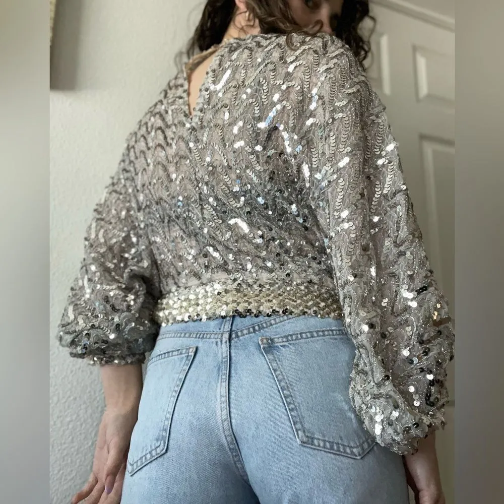 Vintage 70s Sequin Beaded‎ Gold Silver Butterfly Sleeve Blouse Top Size Medium - Image 3